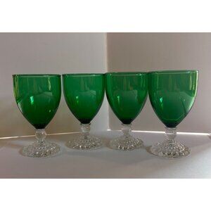 Anchor Hocking Emerald Green Bubble Footed Glass Wine Water Goblets Vintage 50s